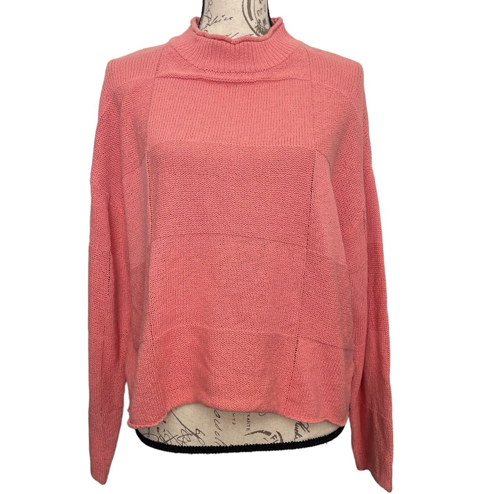 Free People Women Sweater XS Pink Beach Mock Neck Patchwork Boho Minimalist